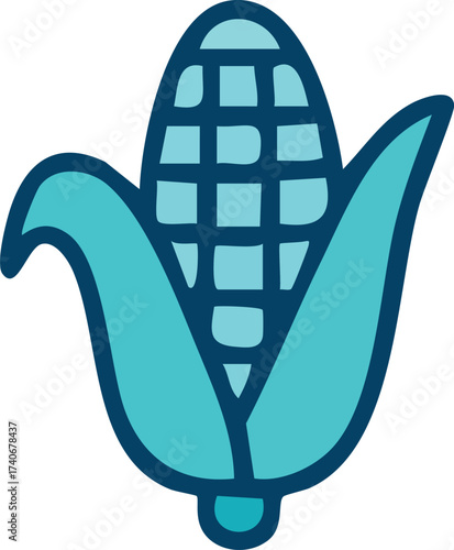 Stylized Blue Corn Cob with Husk Illustration.