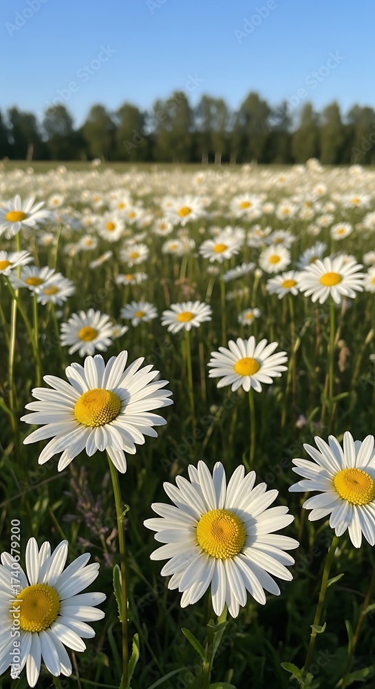 Fototapeta premium Field of Daisies in Full Bloom Under a Blue Sky.
