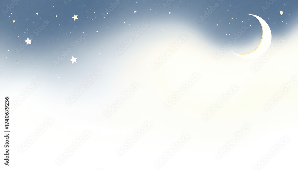 Fototapeta premium Gentle dreamscape with crescent moon and scattered stars amidst softly faded blue and white ethereal background