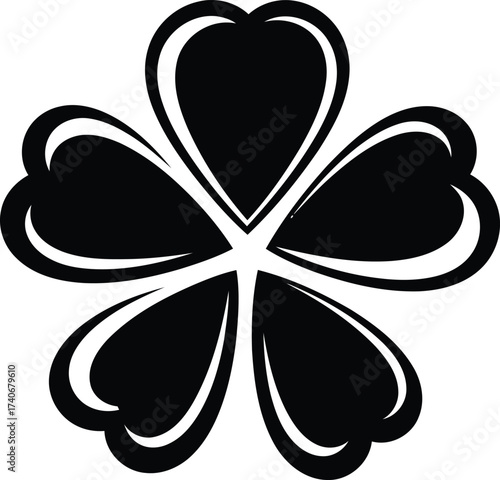 Stylized five leaf clover design in black and white representing luck and fortune for st patrick's day and irish culture celebrations