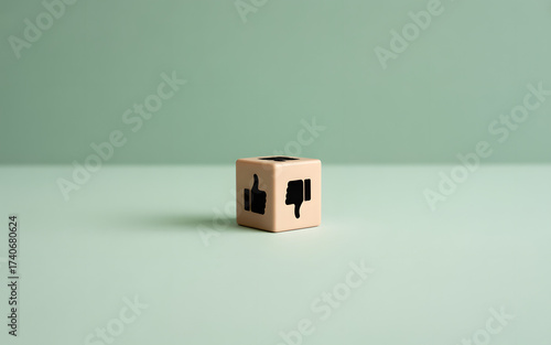 Decisions, choices, and social media concepts represented by a cube with thumbs up and down icons, perfect for marketing and feedback.