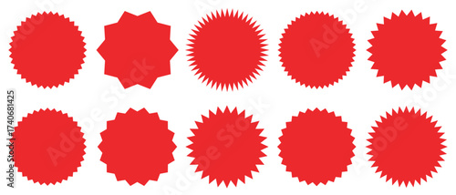 Set of circles with zigzag edges. Sunburst sticker shapes. Rounded starburst zigzag badge, spiky oval. circle and star shaped price tag. discount and sale label stickers. Star or sunburst silhouettes.
