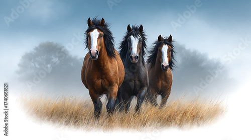 Fototapeta Naklejka Na Ścianę i Meble -  Brown horse standing in a sunny meadow surrounded by green grass and blue sky