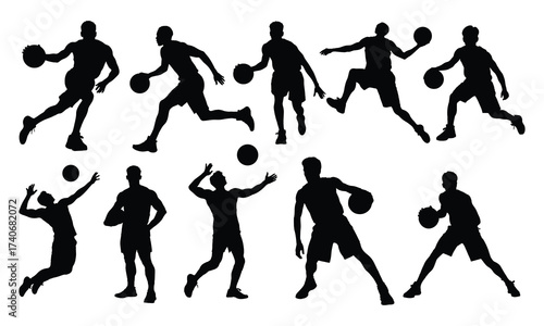 Basketball Player Silhouettes Collection of Sports Action Poses with Ball on White Background