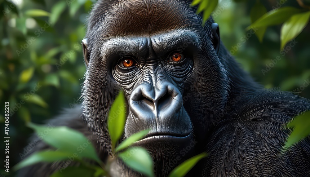 Obraz premium A Majestic Primate Portrait Close-Up of a Gorilla with Piercing Gaze and Lush Green Foliage Background