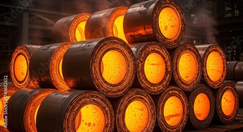 Stacked glowing hot metal rolls emitting steam in an industrial setting