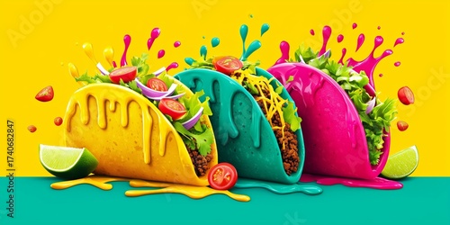 Colorful Tacos with Splashing Sauce and Vegetables
