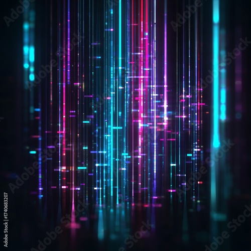 Abstract Digital Technology Background with Vertical Glowing Data Lines and Colorful Light Streaks