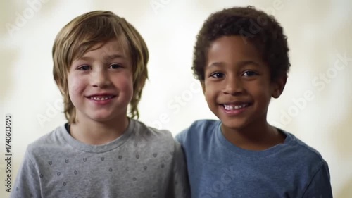 Smiling young boys an interracial friendship shines