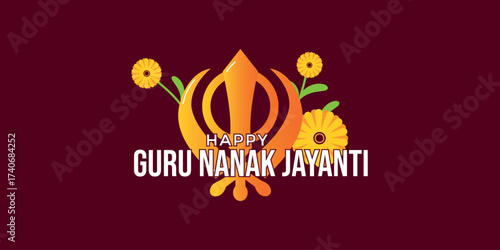 Guru Nanak Jayanti indiana greeting banner. Symbol of sikhism, flower, text. Vector illustration