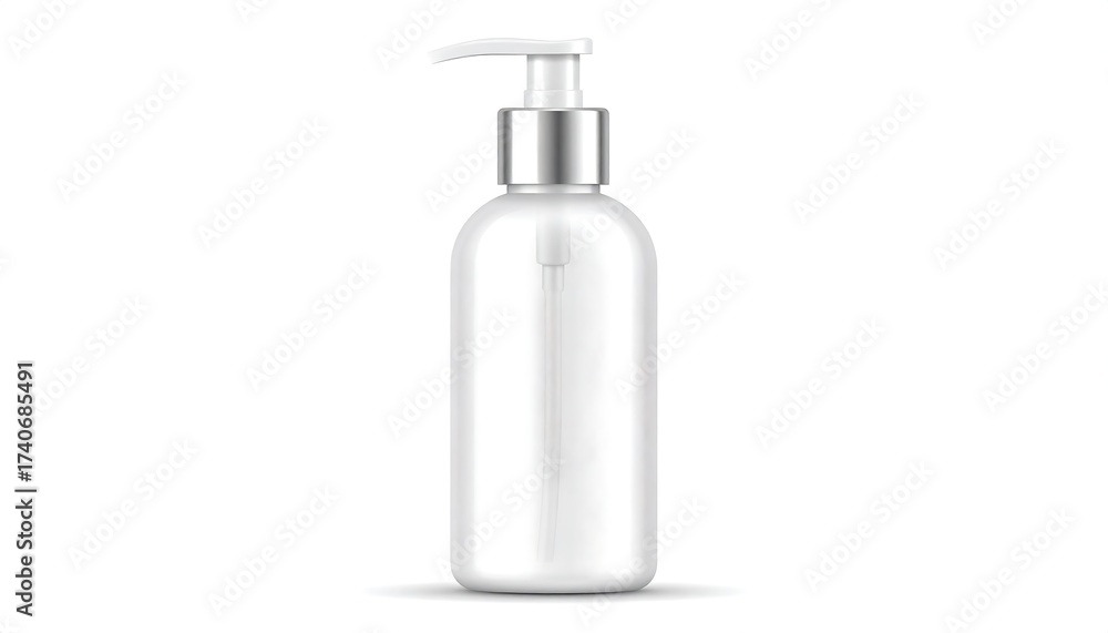 Fototapeta premium Clear, cylindrical bottle with a silver pump dispenser, isolated on white