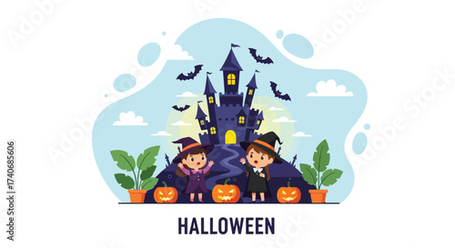 Adobe illustrator artwork vector illustration. Three adorable kids in witch costumes stand before a spooky castle with bats and pumpkins, ready for Halloween adventures. Perfect for holiday halloween