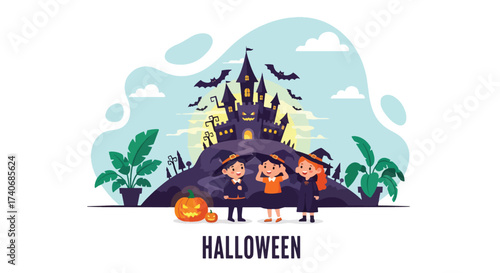 Adobe illustrator artwork vector illustration. Three adorable kids in witch costumes stand before a spooky castle with bats and pumpkins, ready for Halloween adventures. Perfect for holiday halloween