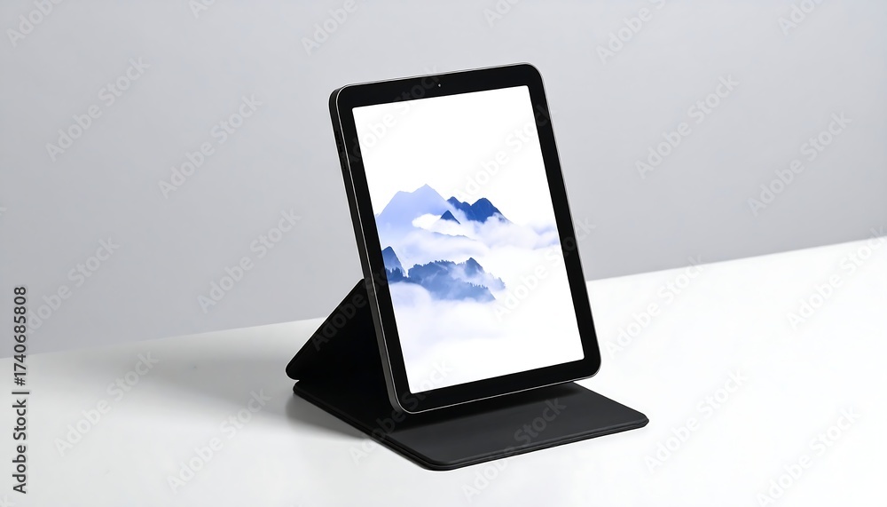Fototapeta premium A digital tablet, propped upright on a magnetic, foldable cover