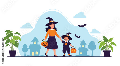 Adobe illustrator artwork vector illustration. A cheerful mother and child, both dressed as witches with pumpkin pails, are trick-or-treating in front of spooky houses. Perfect for Halloween Fest.