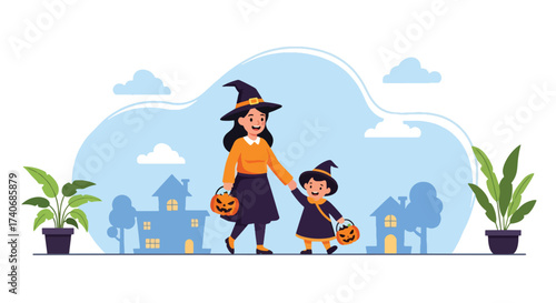 Adobe illustrator artwork vector illustration. A cheerful mother and child, both dressed as witches with pumpkin pails, are trick-or-treating in front of spooky houses. Perfect for Halloween Fest.