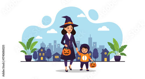 Adobe illustrator artwork vector illustration. A cheerful mother and child, both dressed as witches with pumpkin pails, are trick-or-treating in front of spooky houses. Perfect for Halloween Fest.