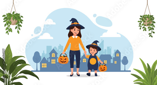 Adobe illustrator artwork vector illustration. A cheerful mother and child, both dressed as witches with pumpkin pails, are trick-or-treating in front of spooky houses. Perfect for Halloween Fest.