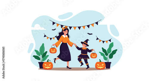 Adobe illustrator artwork vector illustration. A joyful mother with her two children in witch costumes, holding pumpkin lanterns, celebrating Halloween indoors with festive decorations. Perfect.