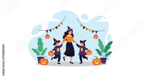 Adobe illustrator artwork vector illustration. A joyful mother with her two children in witch costumes, holding pumpkin lanterns, celebrating Halloween indoors with festive decorations. Perfect.
