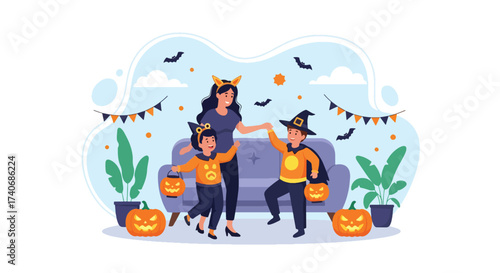 Adobe illustrator artwork vector illustration. A joyful mother with her two children in witch costumes, holding pumpkin lanterns, celebrating Halloween indoors with festive decorations. Perfect.