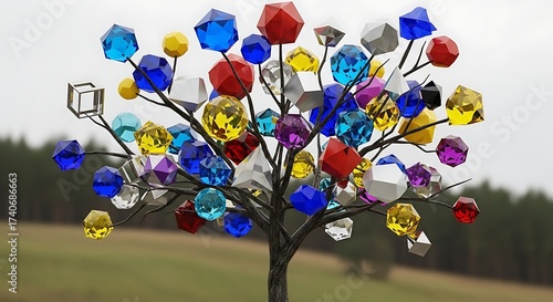 Gemstone Tree: A unique and enchanting metal tree sculpture adorned with vibrant, colorful gemstones, creating a whimsical and eye-catching display.
