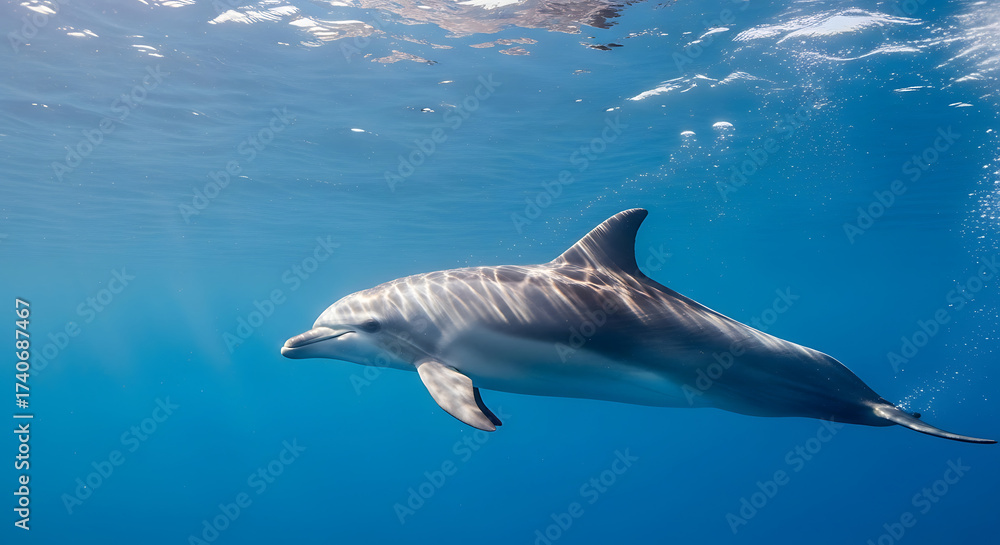 Naklejka premium A dolphin's elegant glide under the azure sea