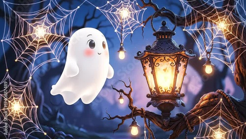 Cartoon Ghost Floating Near Lantern and Spiderwebs at Night