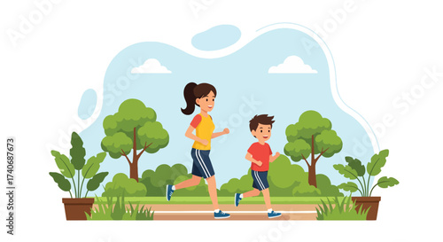 Adobe illustrator artwork vector illustration. A mother and child happily run together in a vibrant park, surrounded by trees and greenery. Perfect for depicting family fitness, outdoor activities