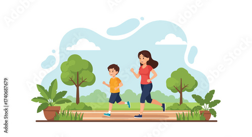 Adobe illustrator artwork vector illustration. A mother and child happily run together in a vibrant park, surrounded by trees and greenery. Perfect for depicting family fitness, outdoor activities