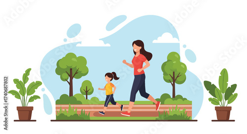 Adobe illustrator artwork vector illustration. A mother and child happily run together in a vibrant park, surrounded by trees and greenery. Perfect for depicting family fitness, outdoor activities