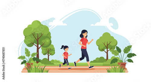Adobe illustrator artwork vector illustration. A mother and child happily run together in a vibrant park, surrounded by trees and greenery. Perfect for depicting family fitness, outdoor activities