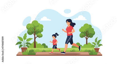 Adobe illustrator artwork vector illustration. A mother and child happily run together in a vibrant park, surrounded by trees and greenery. Perfect for depicting family fitness, outdoor activities