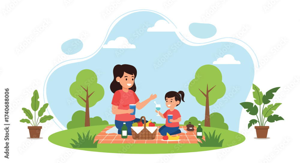 Obraz premium Adobe illustrator artwork vector illustration. A mother and child enjoy a delightful picnic in a park with a city skyline backdrop, complete with a basket, fruits, and drinks. Perfect for family