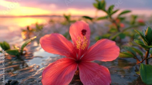 Pink hibiscus flower blooms with green leaves and sunrise background