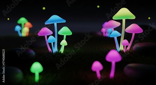 Enchanted Nightscape: A captivating night scene, illuminated by vibrant, glowing mushrooms of various colors, creating a magical atmosphere.
