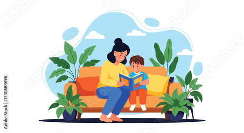 Adobe illustrator artwork vector illustration. A joyful mother reads an animal storybook to her happy child on a sofa, surrounded by lush potted plants. Perfect for educational, family