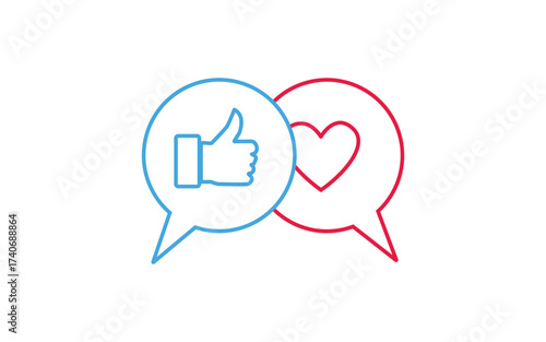 Like and love reactions concept. minimal line art of social media icons featuring a blue thumbs up symbol and a red heart inside overlapping chat bubbles. Illustrator vector file. high resolution 