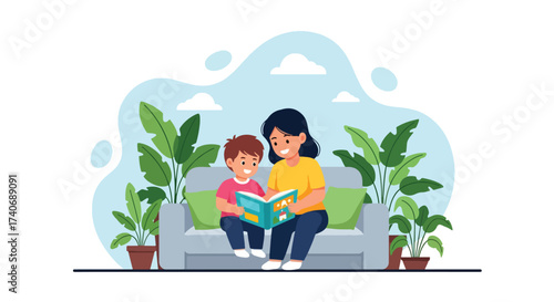 Adobe illustrator artwork vector illustration. A joyful mother reads an animal storybook to her happy child on a sofa, surrounded by lush potted plants. Perfect for educational, family