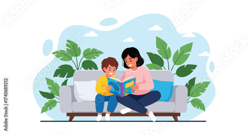 Adobe illustrator artwork vector illustration. A joyful mother reads an animal storybook to her happy child on a sofa, surrounded by lush potted plants. Perfect for educational, family