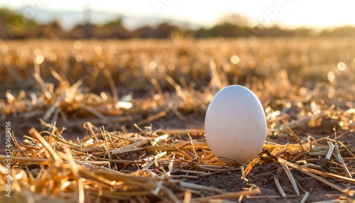 Single egg on straw field at sunset