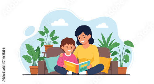 Adobe illustrator artwork vector illustration. A joyful mother reads an animal storybook to her happy child on a sofa, surrounded by lush potted plants. Perfect for educational, family