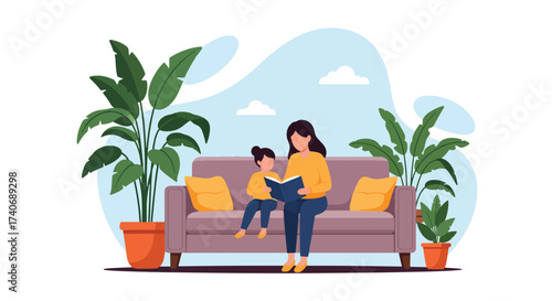 Adobe illustrator artwork vector illustration. A mother reads a book to her child on a sofa, surrounded by potted plants, creating a cozy and loving home scene. Perfect for family, education, and life