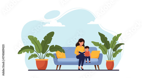 Adobe illustrator artwork vector illustration. A mother reads a book to her child on a sofa, surrounded by potted plants, creating a cozy and loving home scene. Perfect for family, education, and life