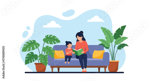 Adobe illustrator artwork vector illustration. A mother reads a book to her child on a sofa, surrounded by potted plants, creating a cozy and loving home scene. Perfect for family, education, and life