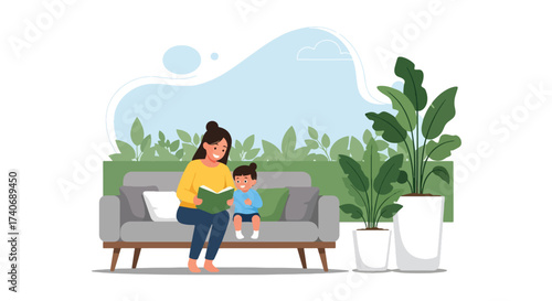 Adobe illustrator artwork vector illustration. A mother reads a book to her child on a sofa, surrounded by potted plants, creating a cozy and loving home scene. Perfect for family, education, and life