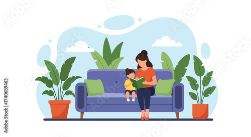 Adobe illustrator artwork vector illustration. A mother reads a book to her child on a sofa, surrounded by potted plants, creating a cozy and loving home scene. Perfect for family, education, and life