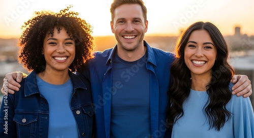 Harmonious Smiles: A candid portrait of three radiant individuals, bathed in the warmth of a setting sun, their faces alight with genuine joy and shared connection.
