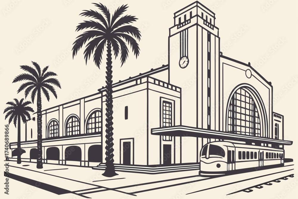 Fototapeta premium Sacramento Valley Station in California, Art Deco exterior with palm-lined plaza and trains nearby