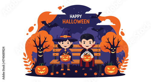 Adobe illustrator artwork vector illustration. Adorable kids in Halloween costumes, surrounded by pumpkins and candy, ready for trick or treat fun! Perfect for festive designs and seasonal promotions.